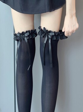 Lolita白色过膝袜子夏季薄款高筒大腿袜纯欲花边蝴蝶结长筒袜绑带