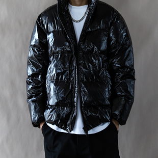 羽绒服男90美式亮面立领款冬季加厚保暖外套男款黑色宽松上衣新款