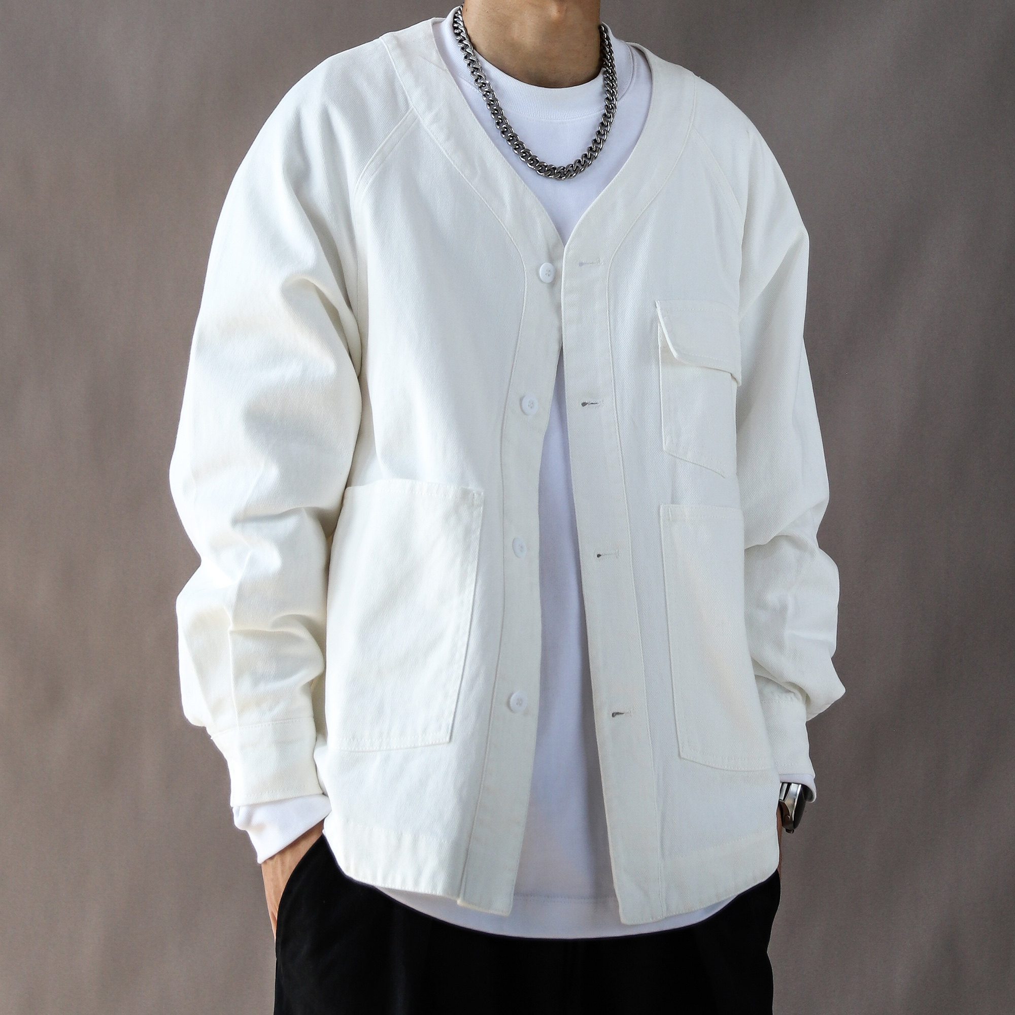 道袍复古工装外套男春秋白潮牌宽松休闲2025新款美式高街夹克上衣