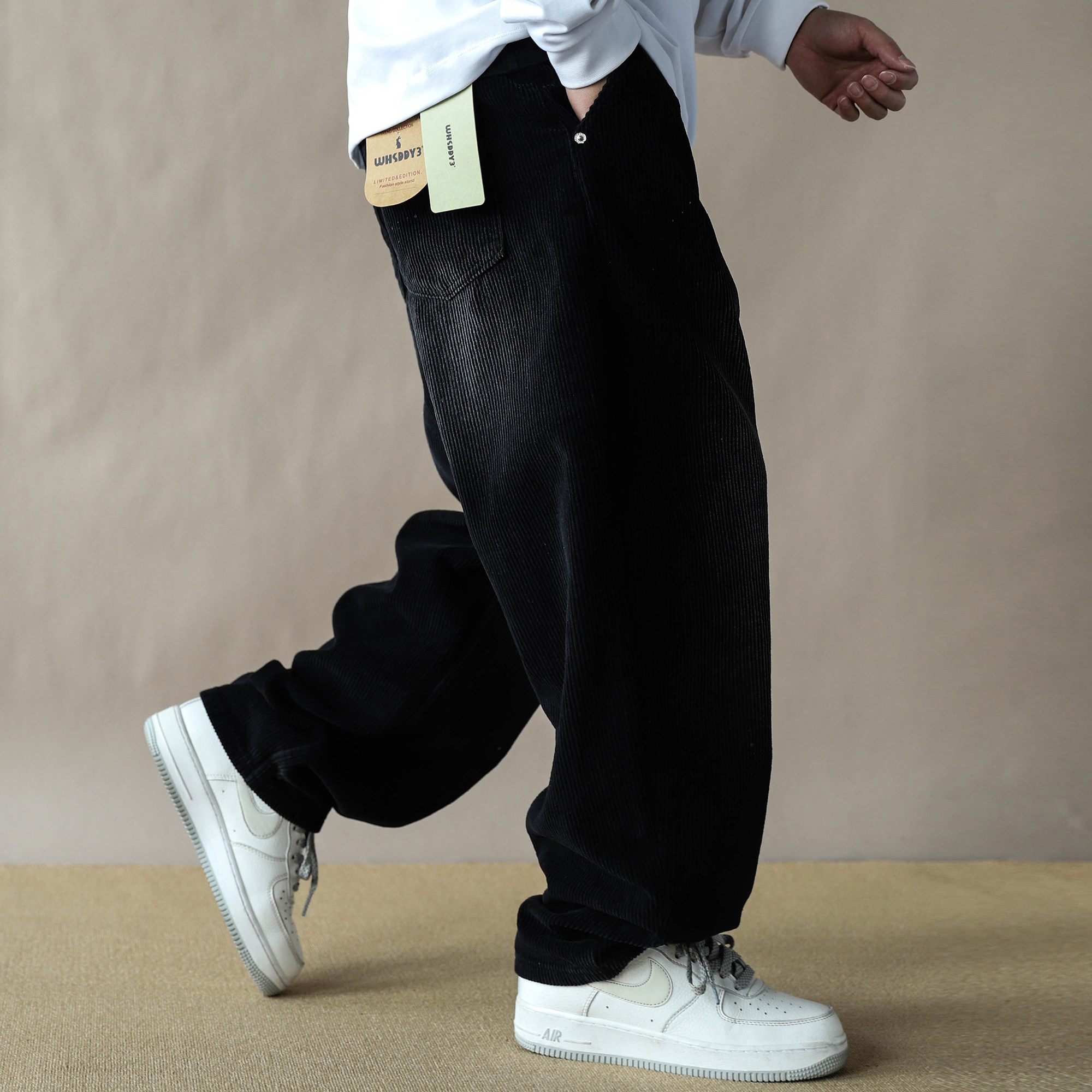 简约复古灯芯绒直筒裤男宽松休闲长裤黑色2025新款长裤子水洗做旧