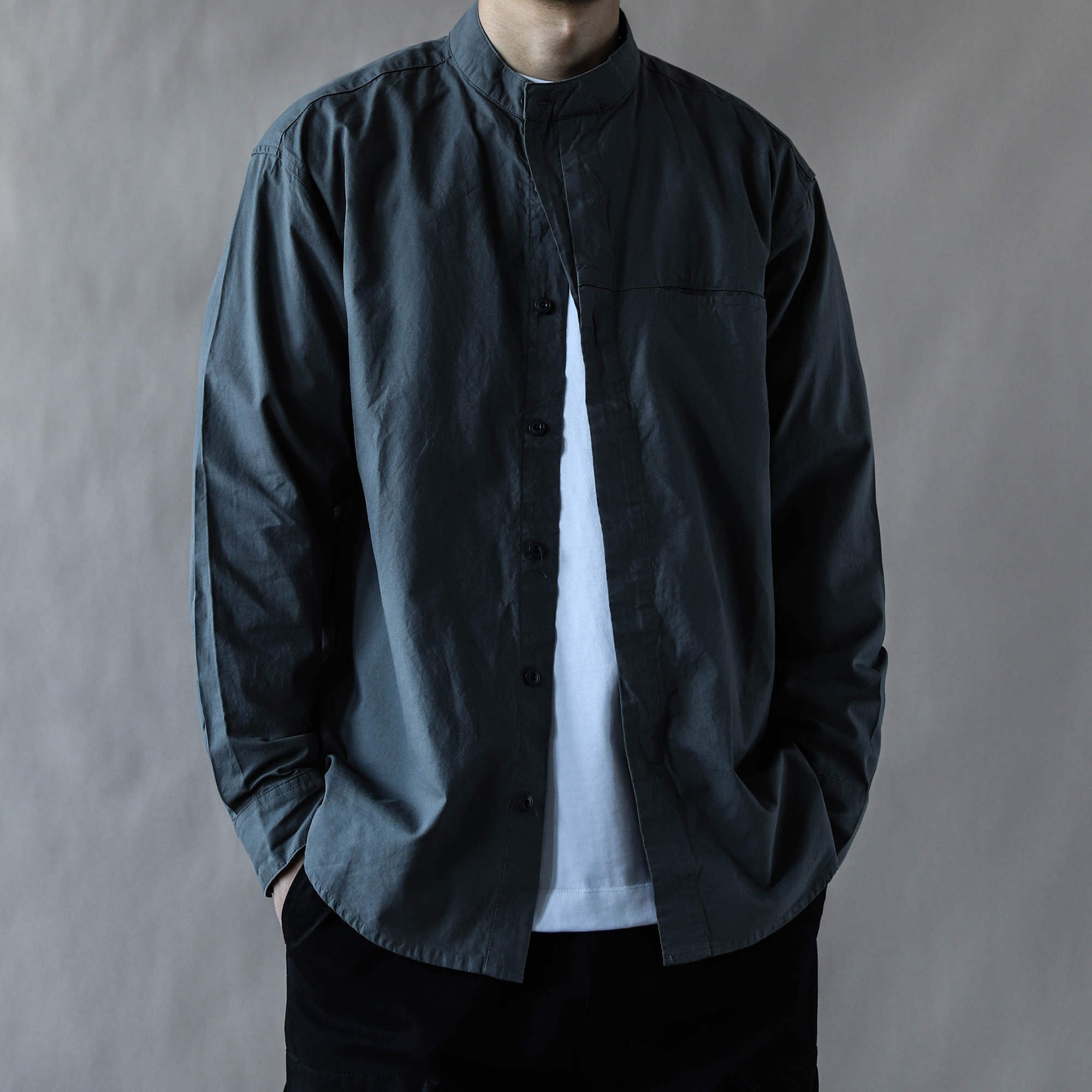 工装风立领衬衫男长袖宽松休闲纯棉百搭高级感2026春秋灰色开衫