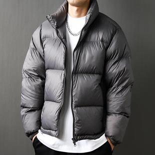 90白鸭绒亮面2025秋冬美式立领面包纯色加厚宽松羽绒服外套男深灰