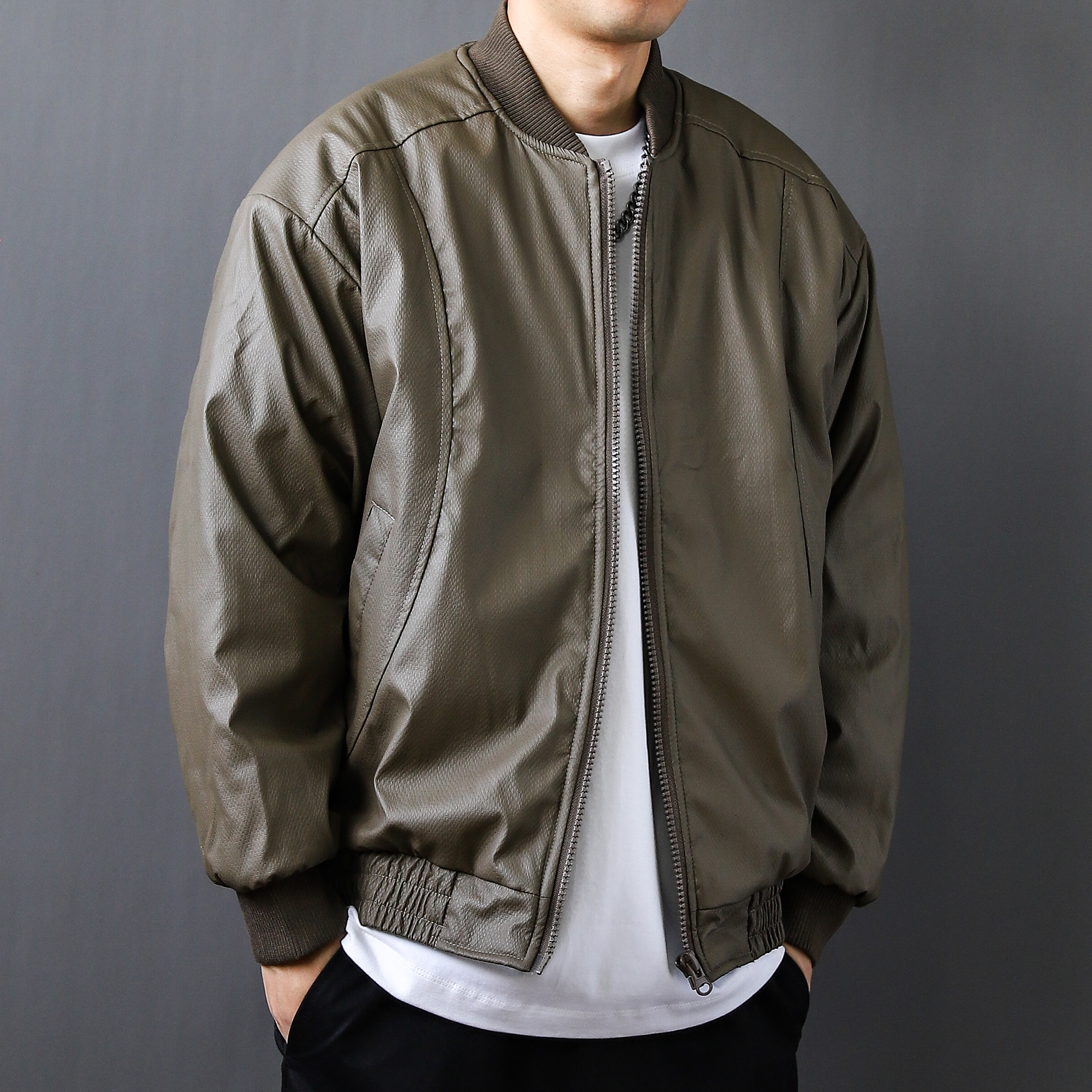 秋冬潮牌简约纯色夹克皮衣