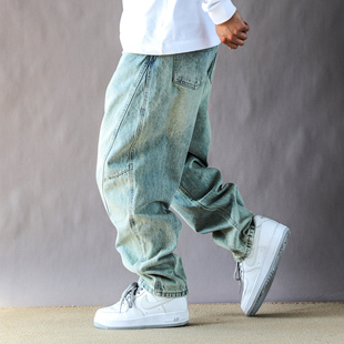 痞帅潮牌阔腿男裤 男秋冬宽松直筒裤 高街手工破洞水洗牛仔裤 美式