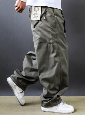 2025美式简约基础款重磅宽松直筒休闲裤男大码工装裤裤子绿色春季