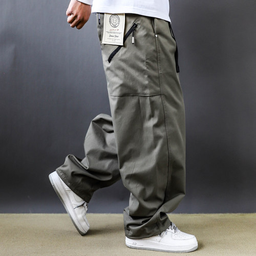 2025美式简约基础款重磅宽松直筒休闲裤男大码工装裤裤子绿色春季