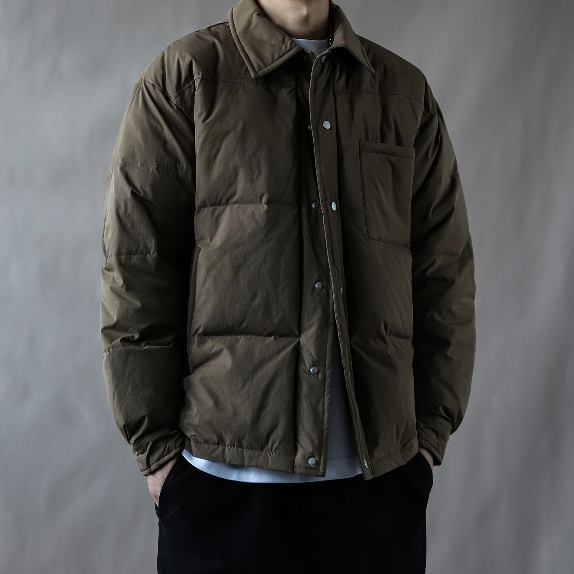 美式复古羽绒服男秋冬季2025外套大码宽松上衣新款衬衫式棕色翻领