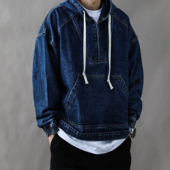 美式 复古重磅牛仔外套男春秋宽松休闲2025新款 连帽上衣水洗做旧蓝