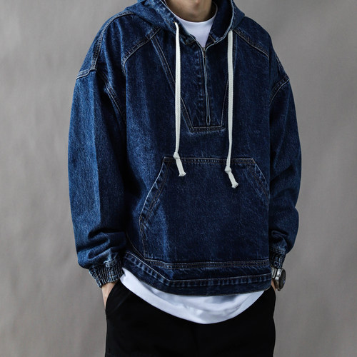 美式复古重磅牛仔外套男春秋宽松休闲2025新款连帽上衣水洗做旧蓝