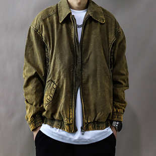工装复古重磅夹克男春秋宽松休闲2025新款长袖外套水洗做旧土黄色