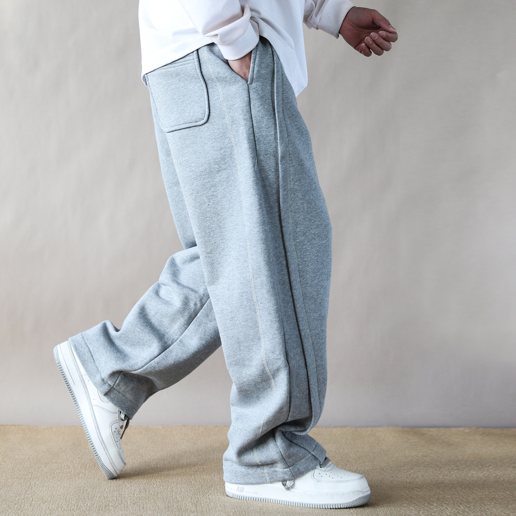 加厚款2025新款简约直筒裤男宽松休闲长裤灰色运动通勤风阔腿美式