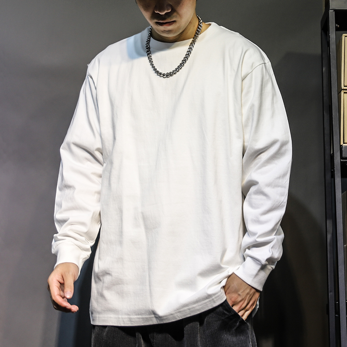 国潮简约纯色内搭纯棉长袖t恤宽松男士圆领套头百搭打底衫卫衣