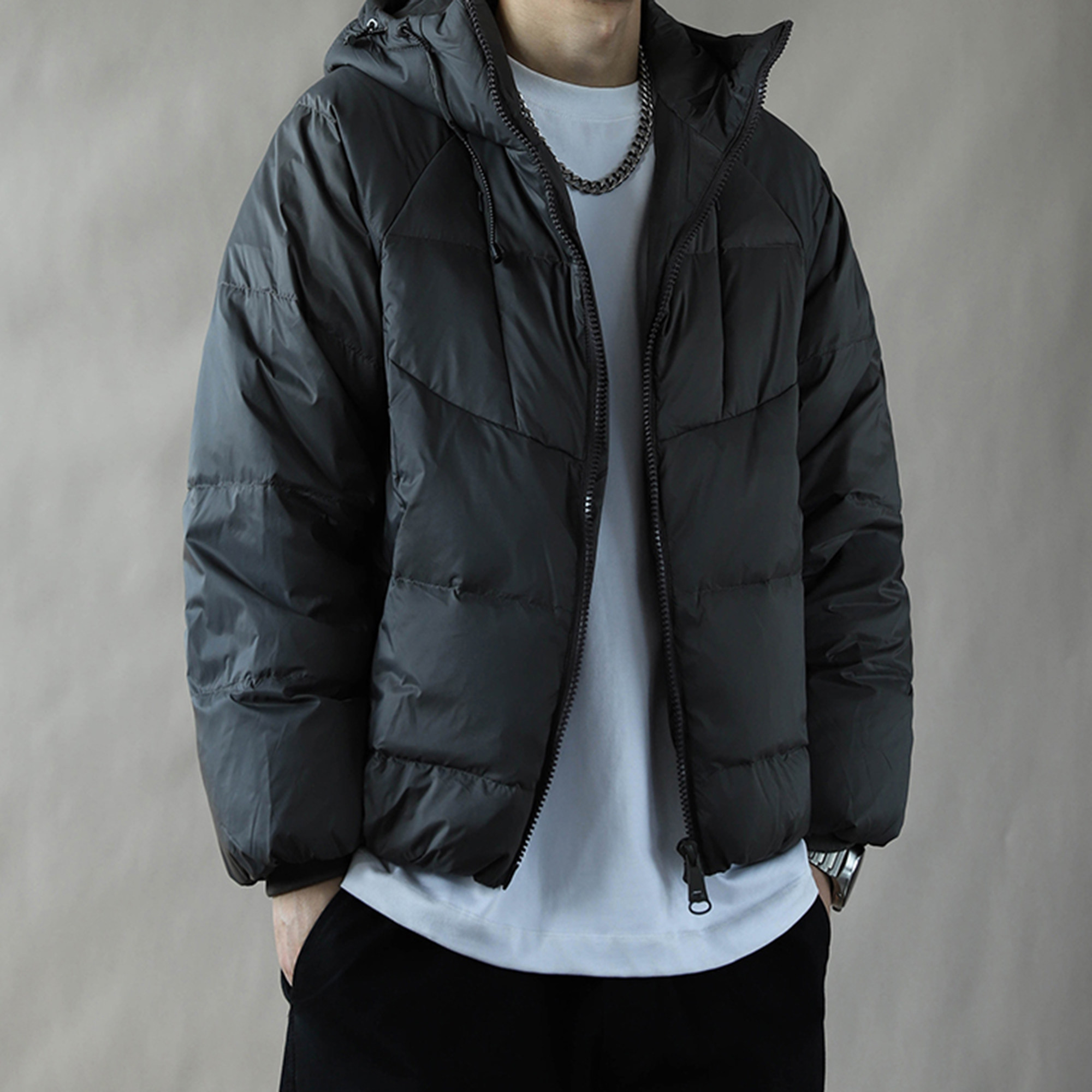 简约连帽短款羽绒服男加厚保暖外套冬季面包服2025宽松百搭灰色