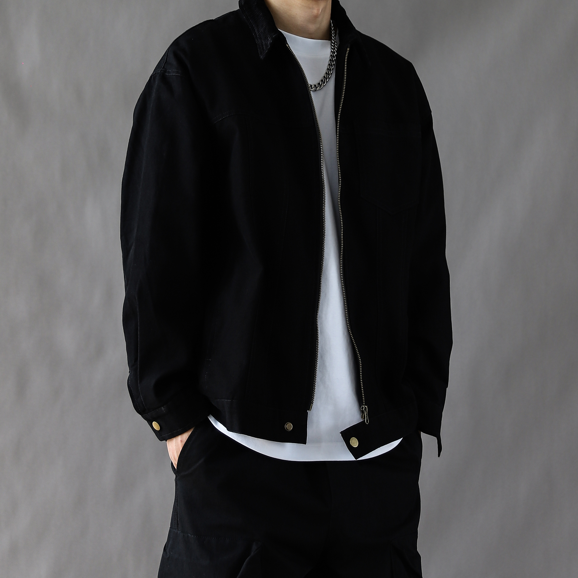 日系复古工装夹克男春秋款潮牌宽松休闲外套2025新款翻领上衣黑色