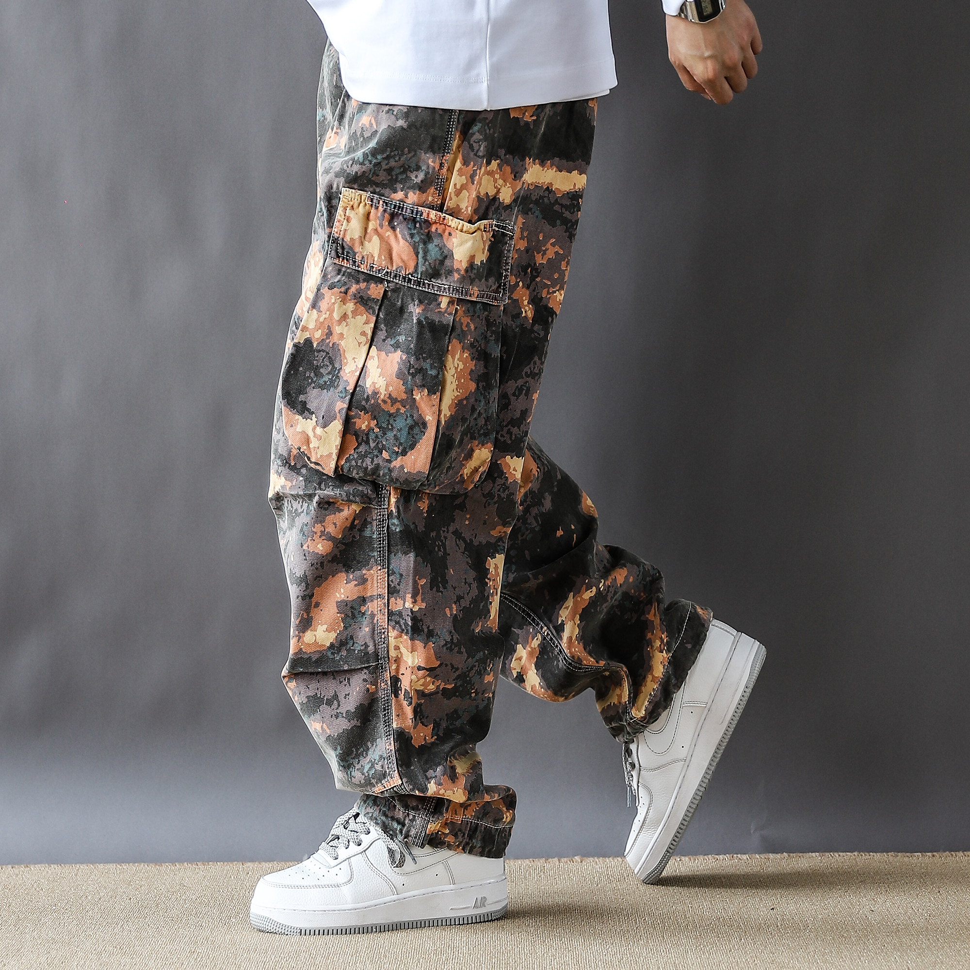 美式复古重工扎染迷彩多口袋工装裤轻奢小众炸街裤子阔腿裤拖地裤