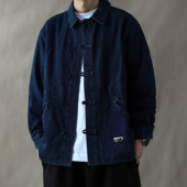 中国风复古风翻领盘扣水洗牛仔夹克男春秋宽松国潮外套道袍蓝色