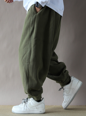 450G重磅超宽松超柔泰迪毛针织束脚卫裤加厚2025直筒长裤男军绿色