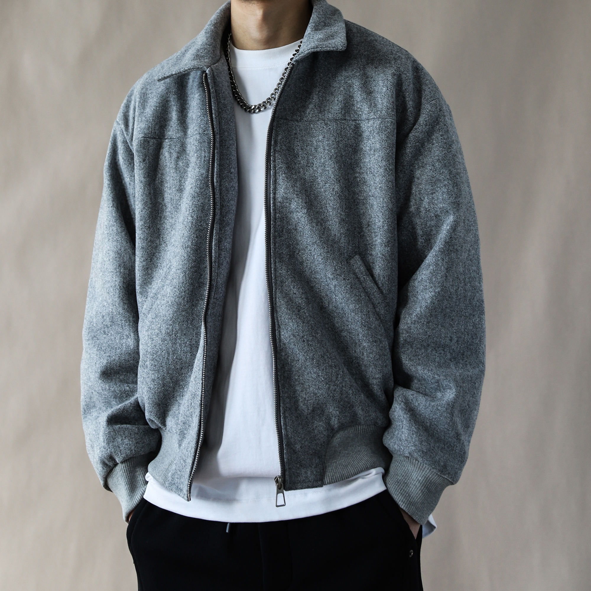 美式复古翻领羽绒服男宽松保暖外套麻灰色90鸭绒冬季纯色加厚秋冬