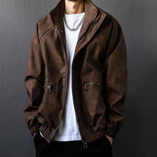 2025美式慵懒chic皮衣外套男秋冬季高级咖色上衣休闲麂皮夹克棉衣