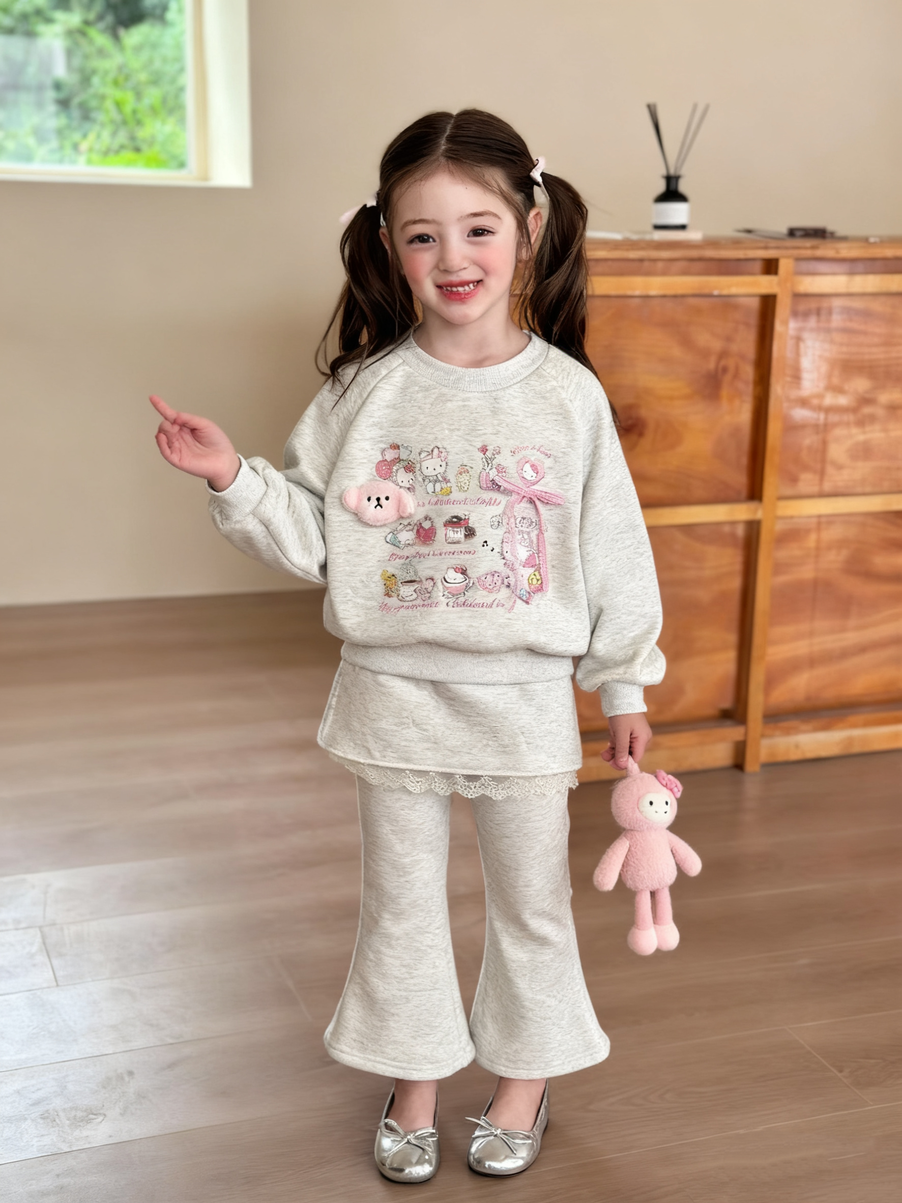 韩版女童秋冬春可爱kt猫加绒卫衣女孩蕾丝喇叭裙裤运动洋气两件套