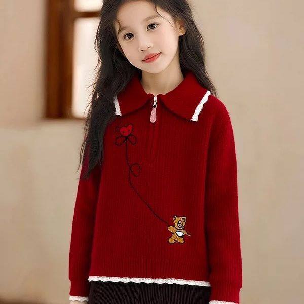女童毛衣2026秋冬春款新年翻领刺绣印花毛衣针织衫拜年服国风洋气