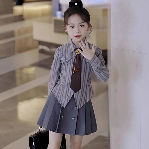 女童学院风套装春秋款裙子jk制服炸街儿童网红炸街百褶裙两件套装