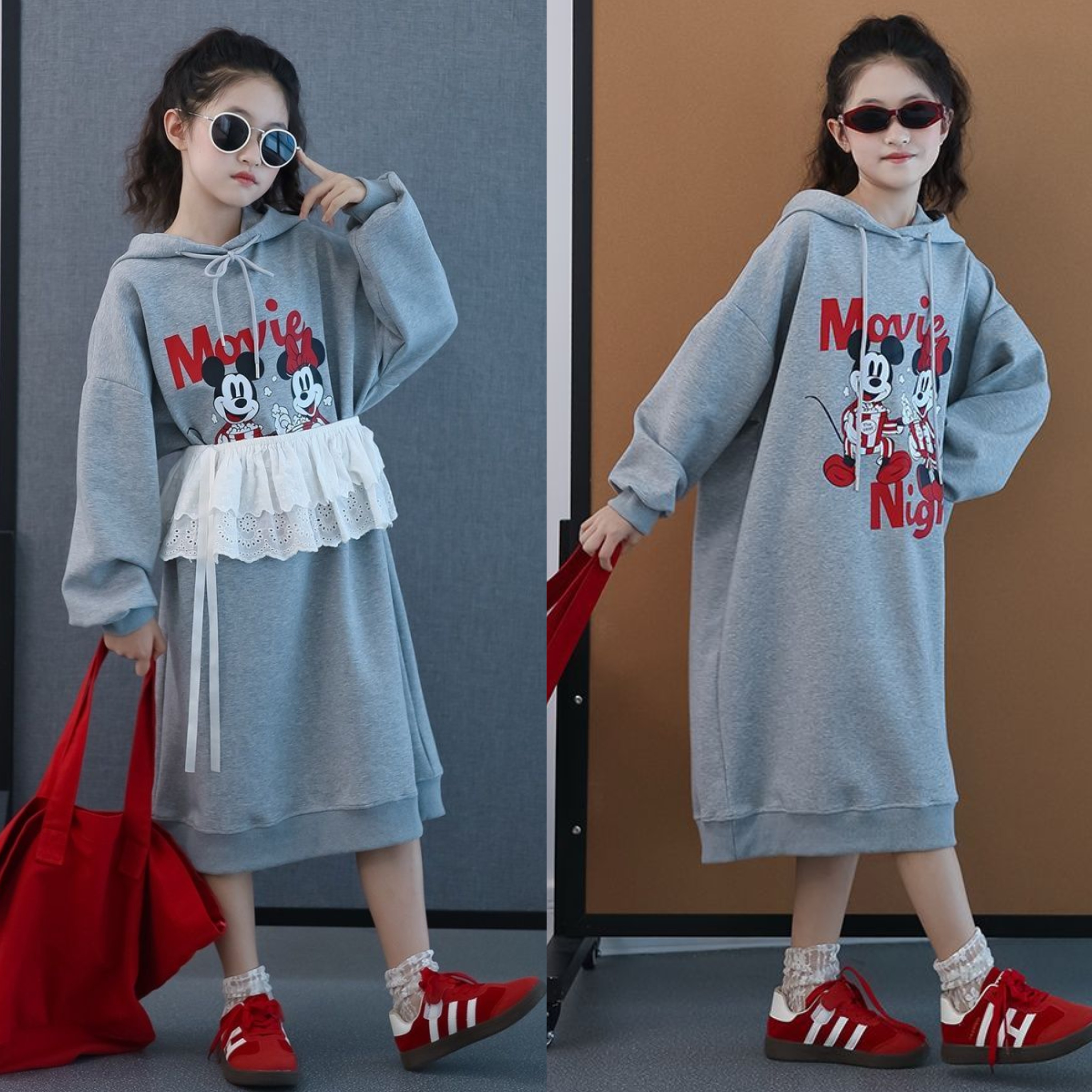 女童公主连衣裙森系儿童长卫衣夹棉叠穿甜美日系加绒连帽休闲裙子