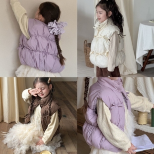 女童秋冬春款洋气单排扣马甲毛衣加绒加棉加厚保暖外套连衣裙套装