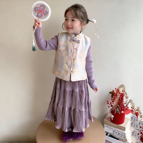 女童夹棉马甲旗袍半身裙加绒套装冬春女宝古风唐装三件套拜年服装