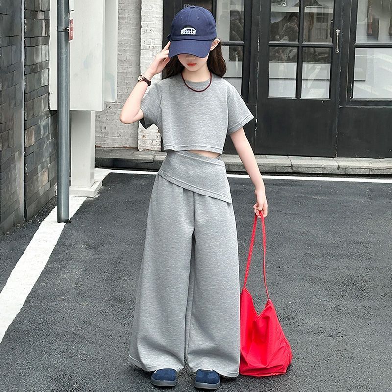 女童夏装套装中大童洋气短袖上衣卫衣休闲百搭时尚阔腿裤两件套装