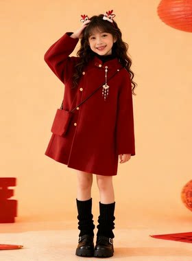女童大红拜年服新中式保暖加绒外套带包包拜年服棉衣年毛呢子外套
