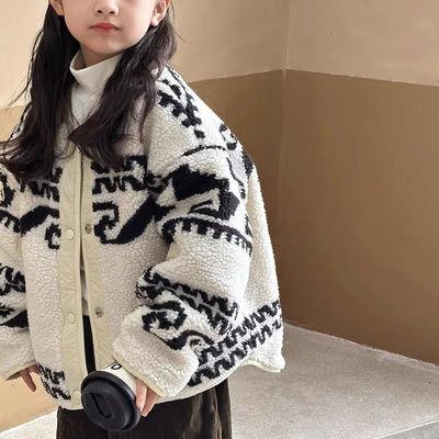 女童洋气加厚外套儿童秋冬春女宝保暖棉袄男女童羊羔绒两面穿夹棉