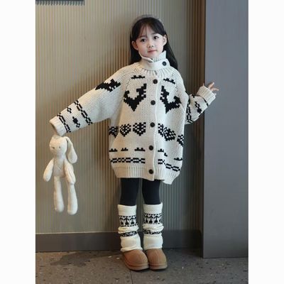 女童秋冬春复古费尔岛粗针毛衣开衫女孩针织高领加厚外套洋气保暖