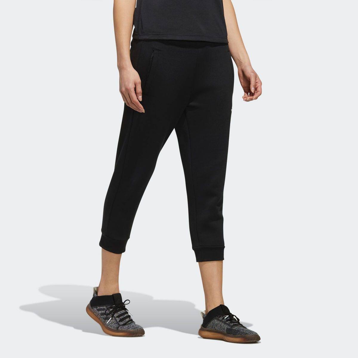 阿迪达斯/adidas纯色透气针织七分运动裤 女款休闲裤黑色EH3899