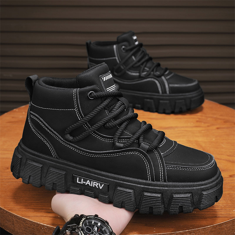 高帮男鞋秋季黑色工装板鞋户外登山防水防滑运动厚底增高马丁靴子,流行男鞋,高帮鞋,淘宝优惠券,粉丝福利购,淘宝优惠卷