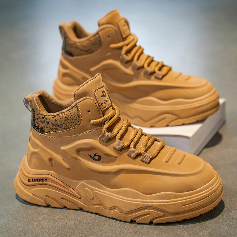 高帮男鞋春季厚底增高老爹潮鞋青少年潮流百搭运动休闲小麦色板鞋