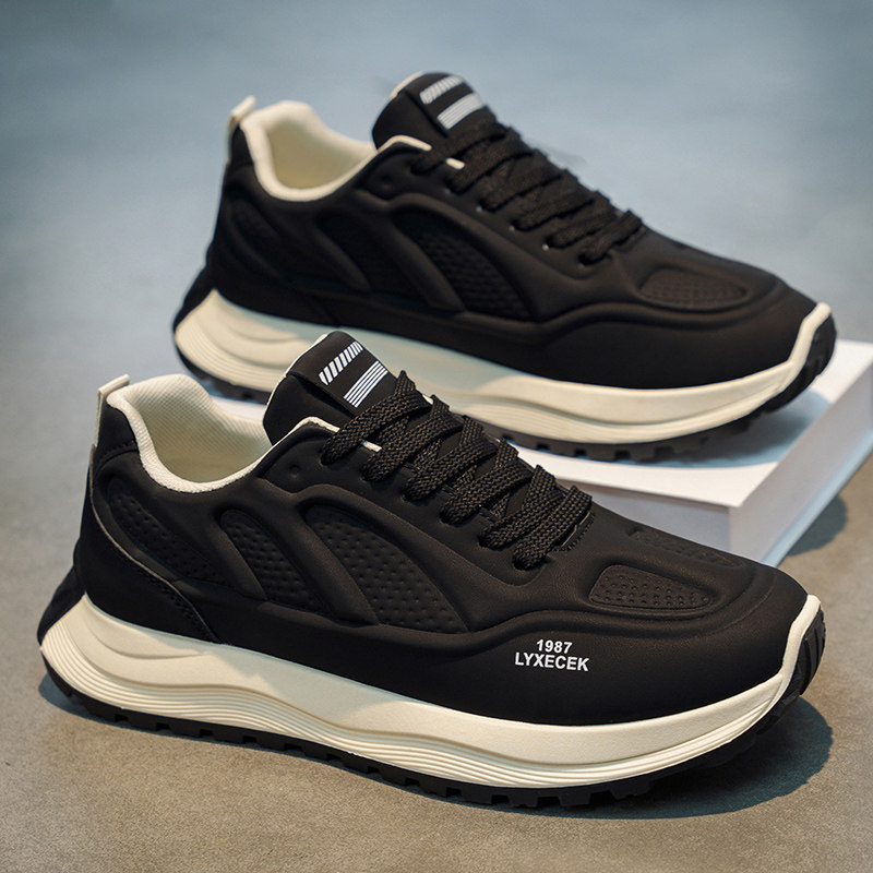 男鞋冬季潮流百搭休闲青少年跑步皮面防水防滑运动增高黑色老爹鞋,流行男鞋,单鞋,淘宝优惠券,粉丝福利购,淘宝优惠卷