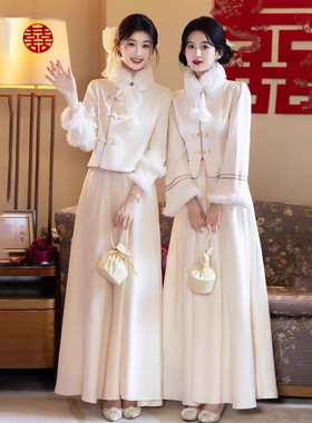新中式伴娘服2025秋冬新款香槟色姐妹团长袖加绒加厚礼服裙高级感