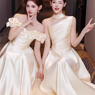 伴娘服2025新款 香槟色缎面主持演出服姐妹团生日晚礼服裙平时可穿