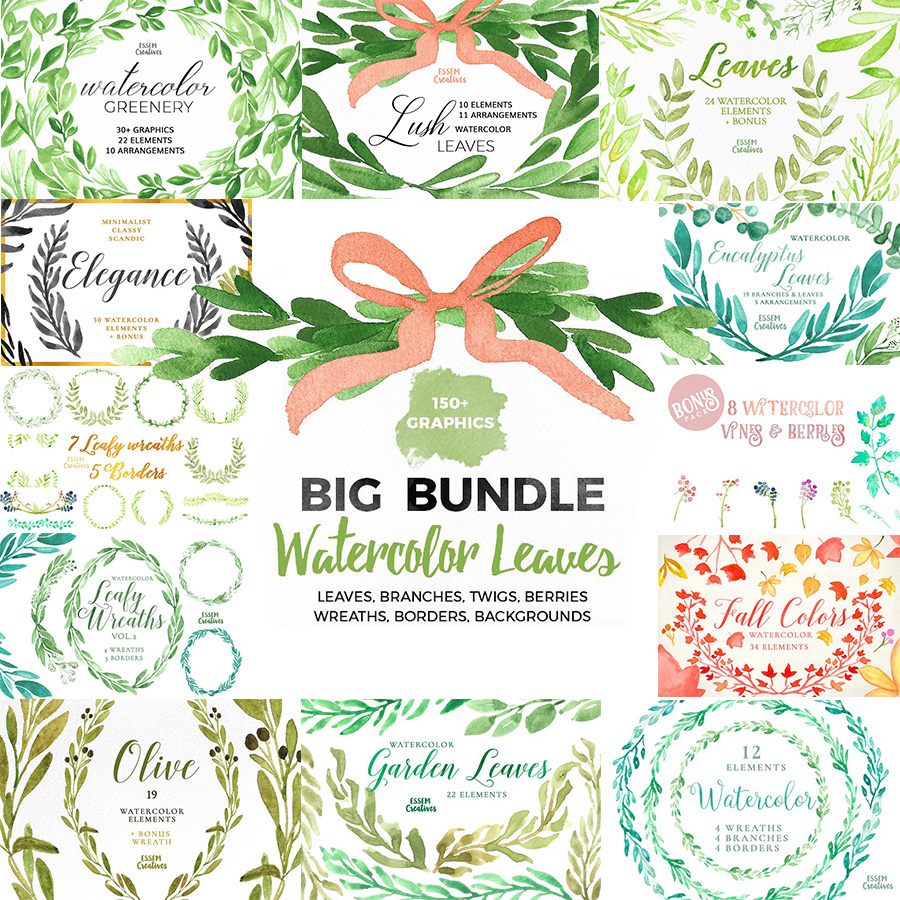 手绘水彩绿色树叶橄榄枝花卉花环装饰美化PNG免抠设计素材图合集