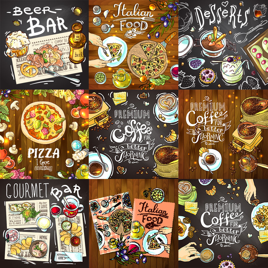 手绘卡通中西餐美食快餐披萨汉堡茶水咖啡店菜单菜谱矢量素材合集