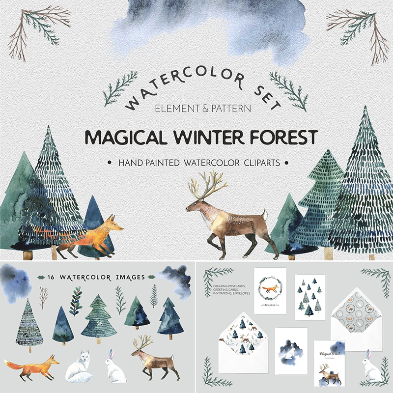 冬季水彩手绘森林动物麋鹿狐狸兔子松树枝叶圣诞装饰PNG设计素材