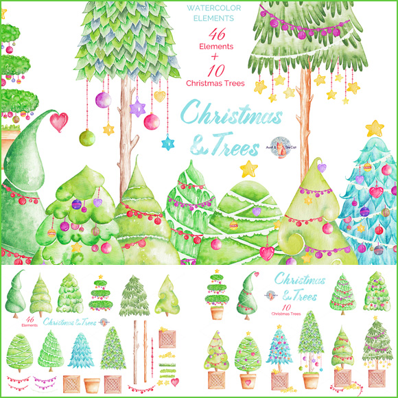 手绘水彩圣诞节圣诞树彩灯星星png免抠平面海报请柬DIY设计素材图