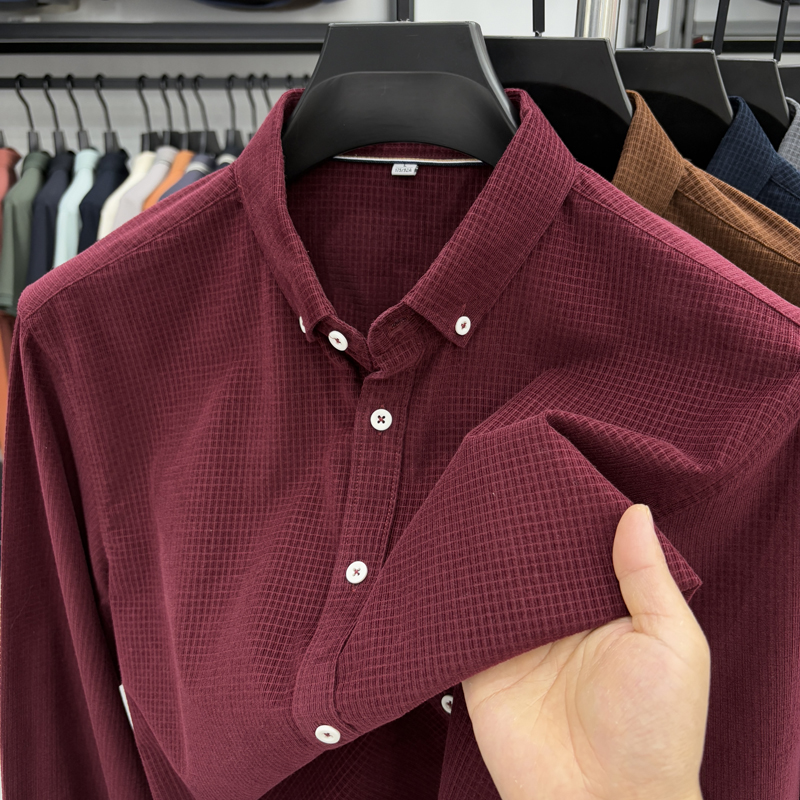 纯棉灯芯绒长袖衬衫男商务休闲暗纹格子爸爸上衣春秋季中青年男装