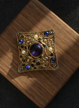 【vintage】复古着 古董 古董 紫色蛋面 多彩莱茵石 胸针