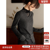 XWI欣未法式 T恤 假两件别致修身 V领蕾丝拼接堆堆领打底衫 女秋冬季