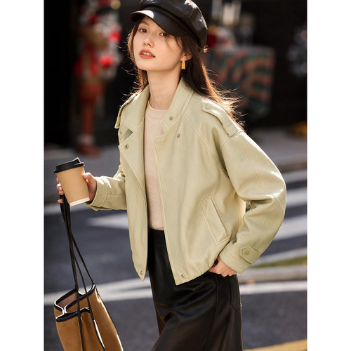 XWI欣未美式复古PU皮外套女2026秋季纯色立领小个子短款夹克上衣