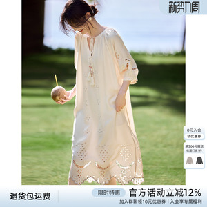 XWI欣未波西米亚度假风镂空刺绣连衣裙女夏季流苏宽松遮肉长裙