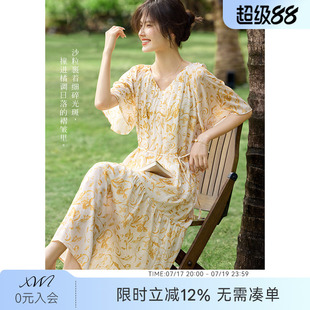 XWI欣未浪漫法式印花雪纺连衣裙女2025夏季鸡心领收腰显瘦仙女裙