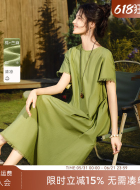 XWI欣未含苎麻棉麻芥绿流苏系带收腰连衣裙女夏季短袖绿色中长裙